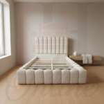 Elysian Comfort modern upholstered bed frame with vertical channel tufting in a neutral beige room