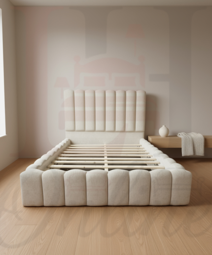 Elysian Comfort modern upholstered bed frame with vertical channel tufting in a neutral beige room