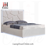 Glasgow white leather bed with geometric pattern headboard