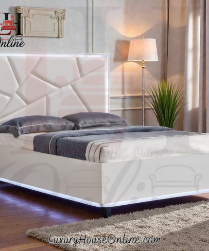 Glasgow white leather bed with geometric pattern headboard