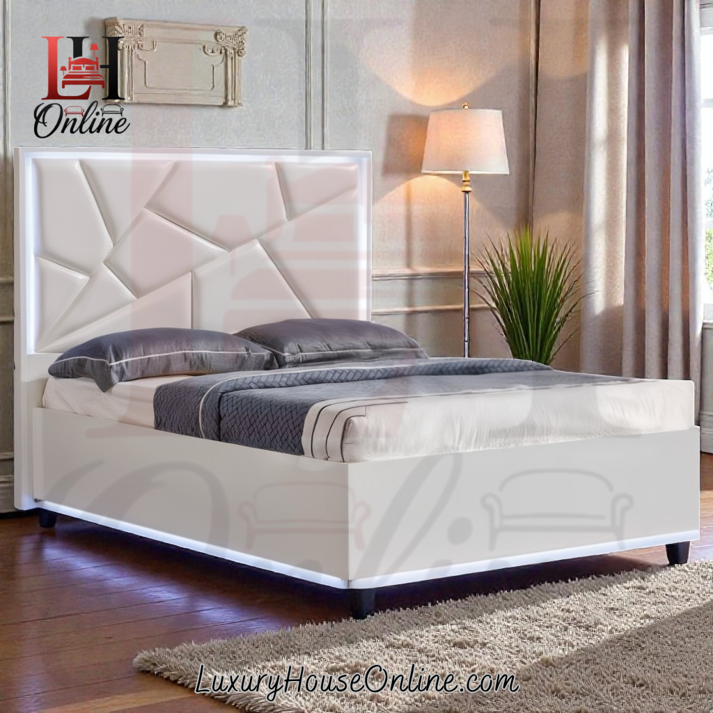 Glasgow Bed for website 2 Glasgow white leather bed with geometric pattern headboard