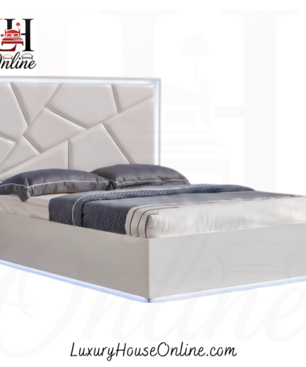 Glasgow white leather bed with geometric pattern headboard