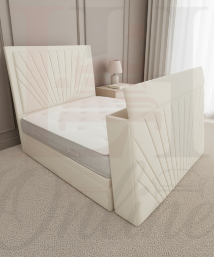 Modern grey sunburst upholstered TV bed with electric lift mechanism in a contemporary bedroom.