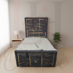 Designer-inspired dark grey upholstered bed with gold strip inlay pattern and tall headboard.