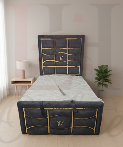 Designer-inspired dark grey upholstered bed with gold strip inlay pattern and tall headboard.