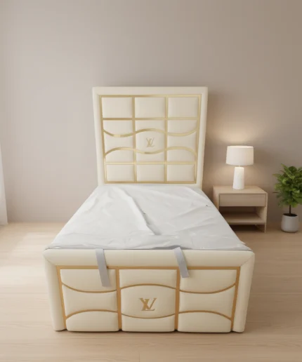 Designer-inspired dark grey upholstered bed with gold strip inlay pattern and tall headboard.