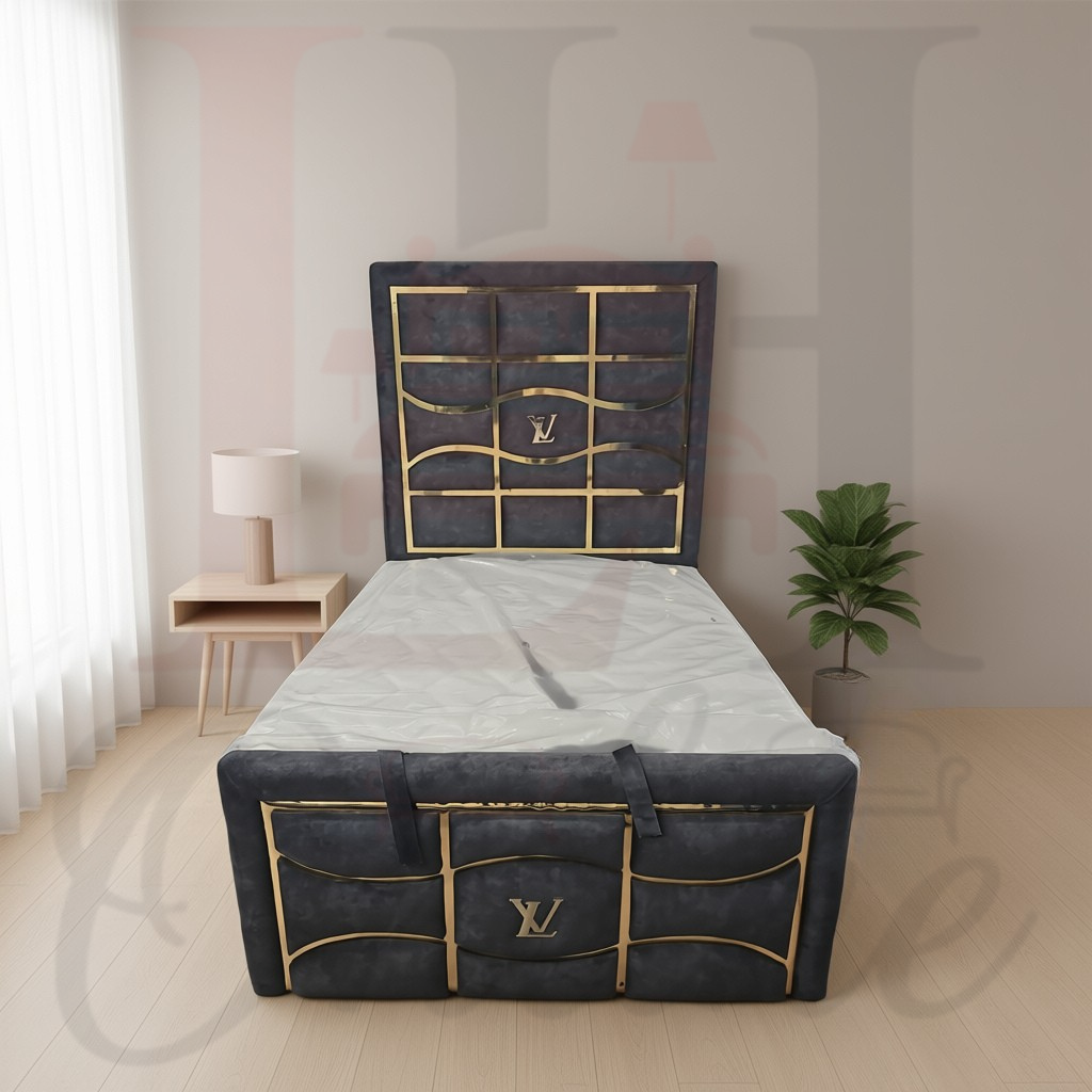 LV Gold Strip Pattern Designer-inspired dark grey upholstered bed with gold strip inlay pattern and tall headboard.