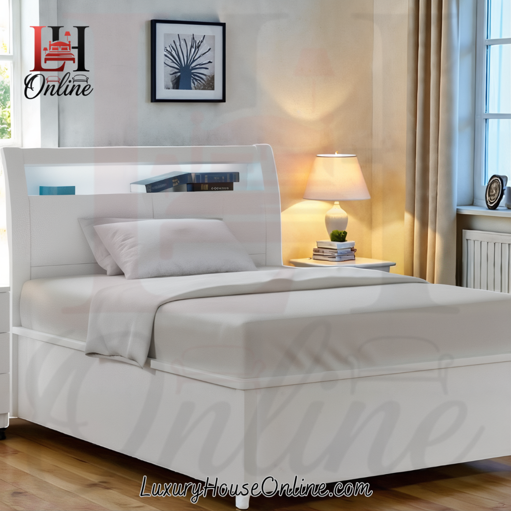 LedBedwithHeadboardstorageedited cl final Luxury Gloss LED Bed | Touch Light, USB Port & Storage Shelf
