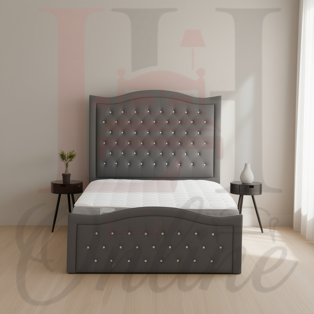 Seraphina Luxury Grey Fabric Bed – Diamond Button-Tufted High Headboard Seraphina Luxury Fabric Bed – Diamond Button-Tufted High Headboard - Image 1