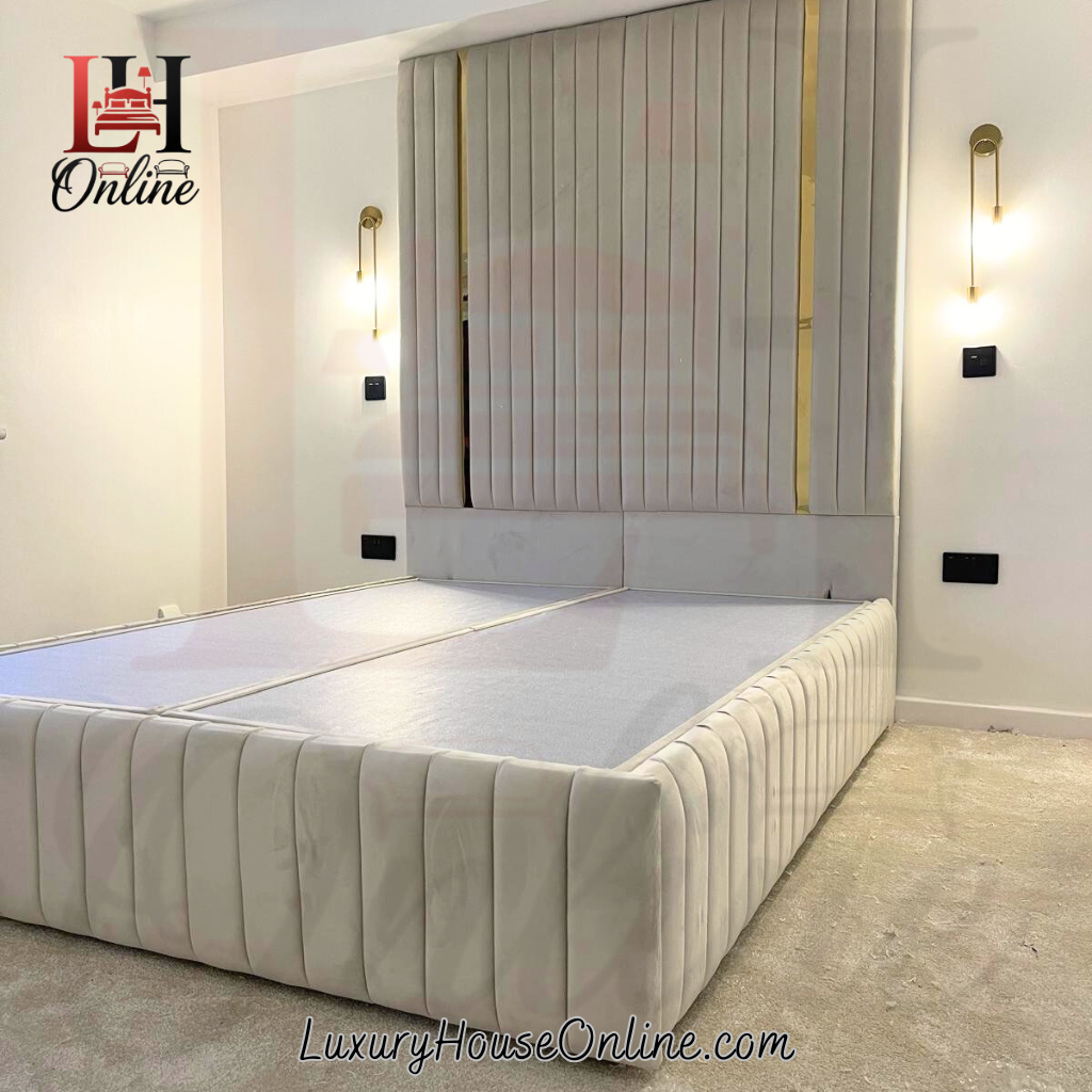 Tall Head Board Bed With 2x Gold Strips in Headboard Tall floor standing headboard bed in cream velvet with gold metal strips