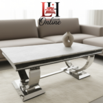 Chelsea coffee table with grey marble top and polished chrome U-shaped base - 120cm