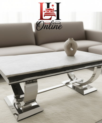 Chelsea coffee table with grey marble top and polished chrome U-shaped base - 120cm