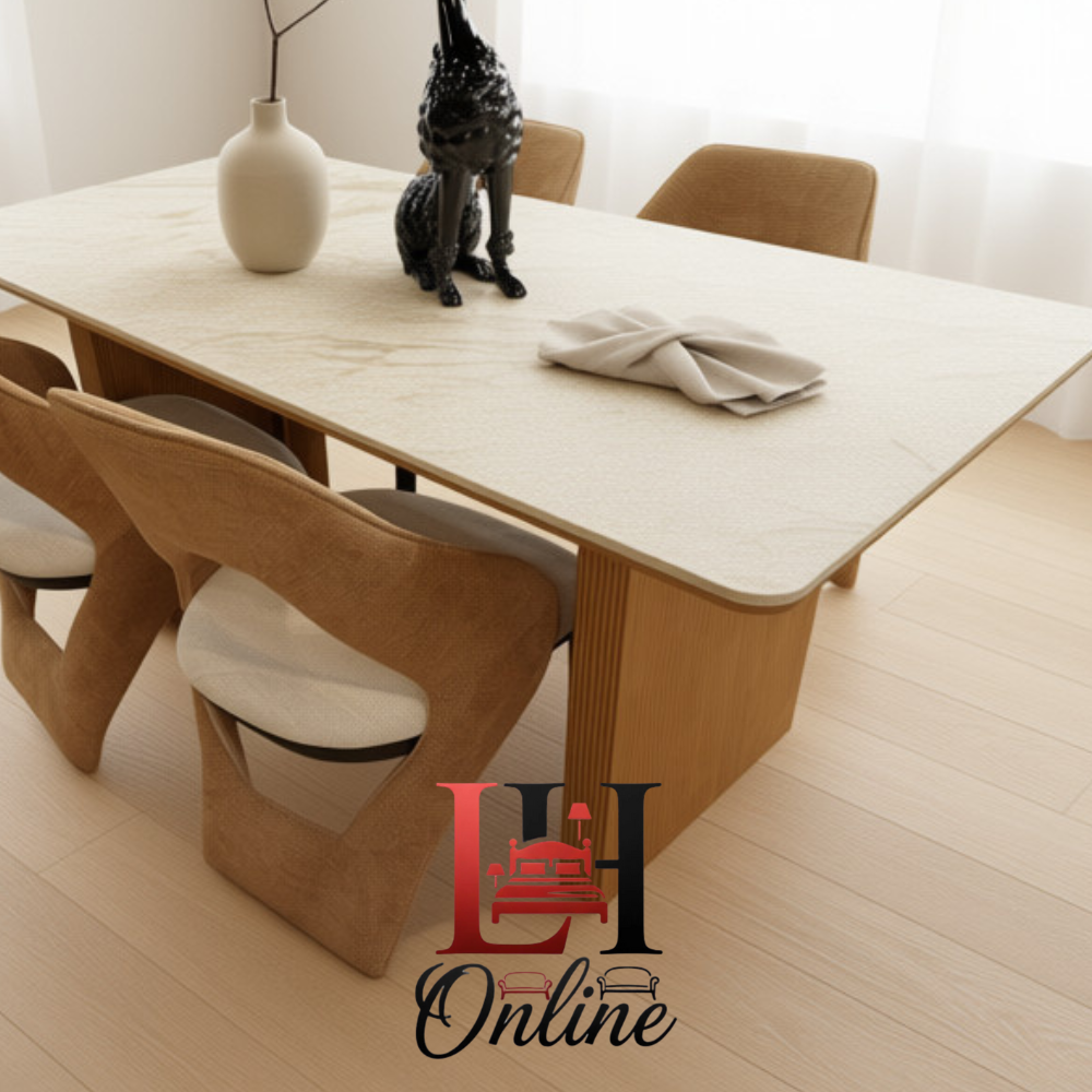 Milan dining table with 4 chairs White marble dining table with gold fluted pedestal base and four tan designer chairs.