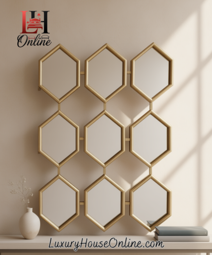 Modern gold honeycomb mirror with multiple hexagon shapes.