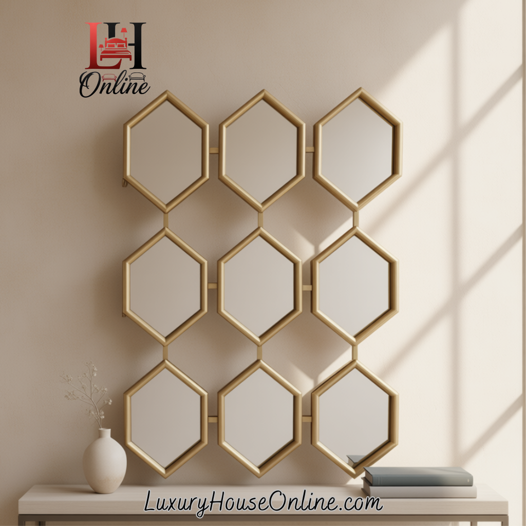 Miror 5 Modern gold honeycomb mirror with multiple hexagon shapes.