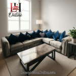 Grey bespoke channel tufted corner sofa with fluted back design in plush velvet.