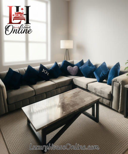 Grey bespoke channel tufted corner sofa with fluted back design in plush velvet.