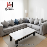 Grey bespoke channel tufted corner sofa with fluted back design in plush velvet.