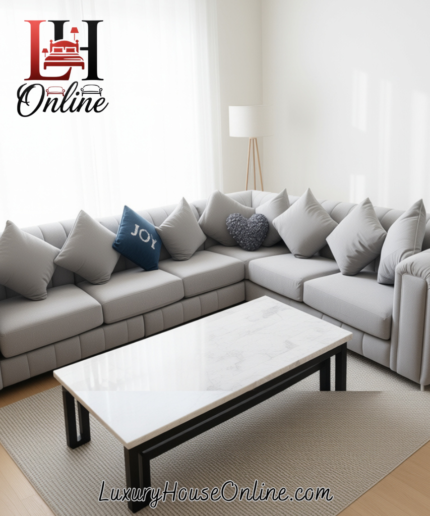 Grey bespoke channel tufted corner sofa with fluted back design in plush velvet.