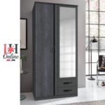 Duo T44 graphite and wood effect wardrobe with mirrored doors and drawers.