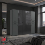 Danzig 225cm large grey high gloss wardrobe with integrated drawers in a modern bedroom.