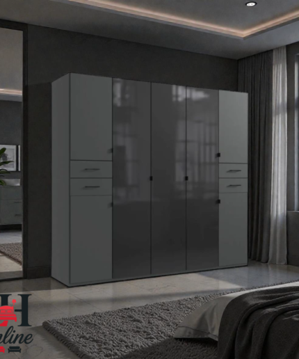 Danzig 225cm large grey high gloss wardrobe with integrated drawers in a modern bedroom.