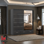 Florence high gloss sliding wardrobe with mirror and drawers in a luxury bedroom setting
