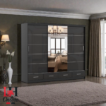 Florence high gloss sliding wardrobe with mirror and drawers in a luxury bedroom setting