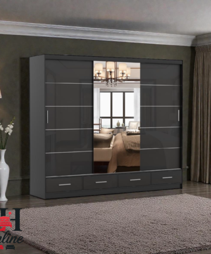 Florence high gloss sliding wardrobe with mirror and drawers in a luxury bedroom setting