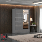 Florence high gloss sliding wardrobe with mirror and drawers in a luxury bedroom setting