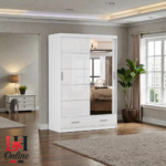 Florence high gloss sliding wardrobe with mirror and drawers in a luxury bedroom setting