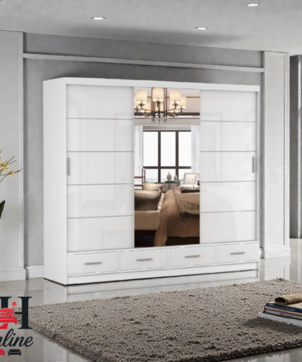 Florence high gloss sliding wardrobe with mirror and drawers in a luxury bedroom setting