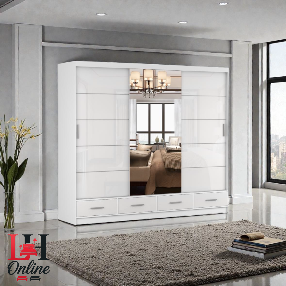 florence white 2.5 Florence high gloss sliding wardrobe with mirror and drawers in a luxury bedroom setting