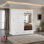 Florence high gloss sliding wardrobe with mirror and drawers in a luxury bedroom setting
