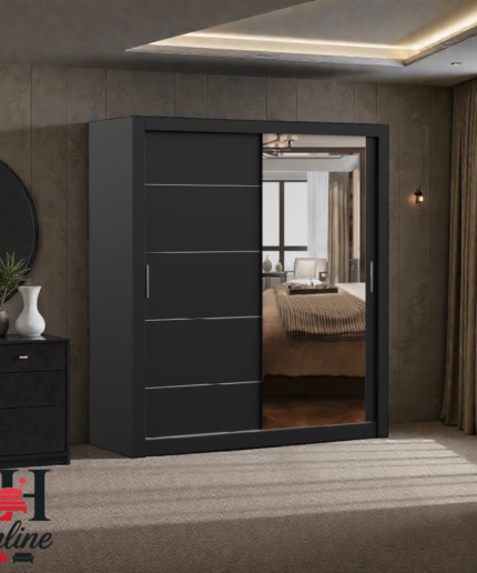Lyon white sliding door wardrobe with large mirror in a bright modern bedroom.