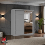 Lyon white sliding door wardrobe with large mirror in a bright modern bedroom.