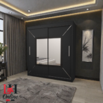 Venice 1.8m sliding wardrobe with geometric mirror in a modern bedroom setting.