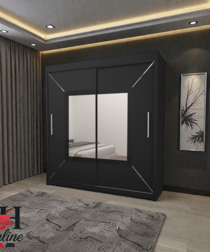 Venice 1.8m sliding wardrobe with geometric mirror in a modern bedroom setting.