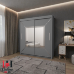 Venice 1.8m sliding wardrobe with geometric mirror in a modern bedroom setting.
