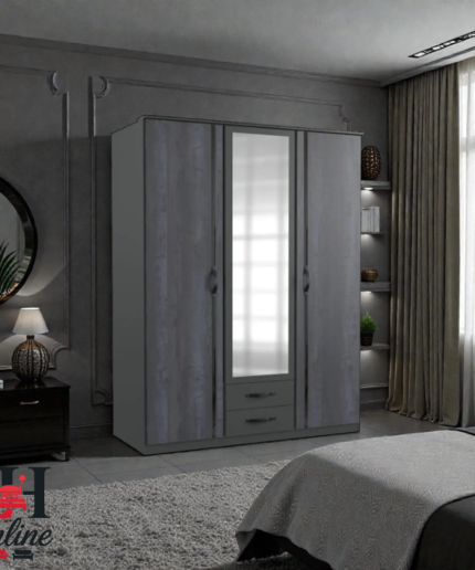 Grey Wardrobe With Mirrored & Drawers