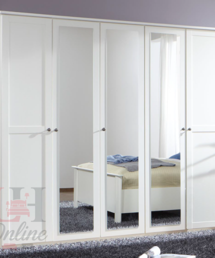 Chalet white mirrored wardrobe with 5 doors in a modern bedroom setting.