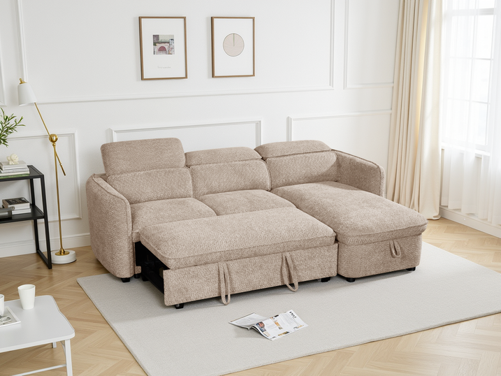 Beehive Furniture Catalogue July 2026 (1)-250 Modern Fabric L-Shape Sofa Bed with Pull-Out Bed and Storage Chaise - Image 1