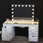 EVA-C Vanity Desk with Glass Top, Illuminated Drawers & Charging Ports