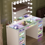 Priscilla Vanity Desk Pro with Glass Top, RGB Lighting & 11 Glass Fronted Drawers