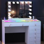Diana Vanity Desk & Hidden Stool with RGB Desktop Light Strip & Charging Ports