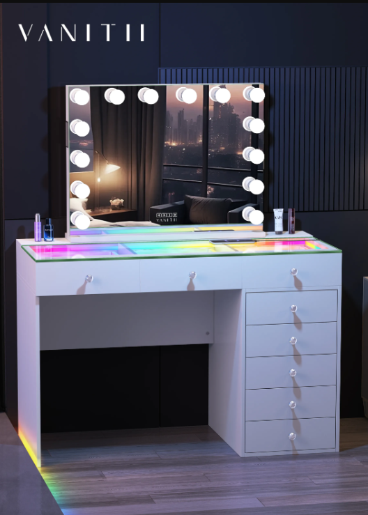 Screenshot 2026-08-29 100232 Diana Vanity Desk & Hidden Stool with RGB Desktop Light Strip & Charging Ports - Image 1