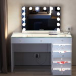 Diana 8C Vanity Desk with Glass Top, Illuminated Drawers & Charging Ports