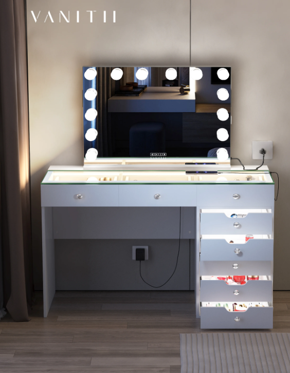 Screenshot 2026-08-29 100403 Diana 8C Vanity Desk with Glass Top, Illuminated Drawers & Charging Ports - Image 1