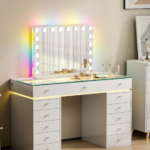 Mini-EVA Vanity Desk with Glass Top, 13 Drawers & Charging Ports
