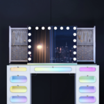 Hideaway Jewelry Vanity Mirror with LED Bulbs, Bluetooth Speaker & Storage